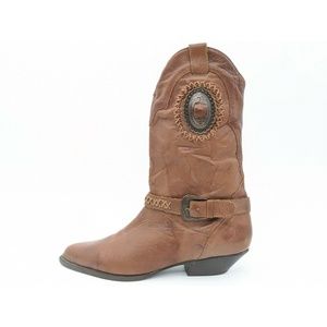 Leather Craft VTG Brown Pointed Toe Block Heeled Boots 8